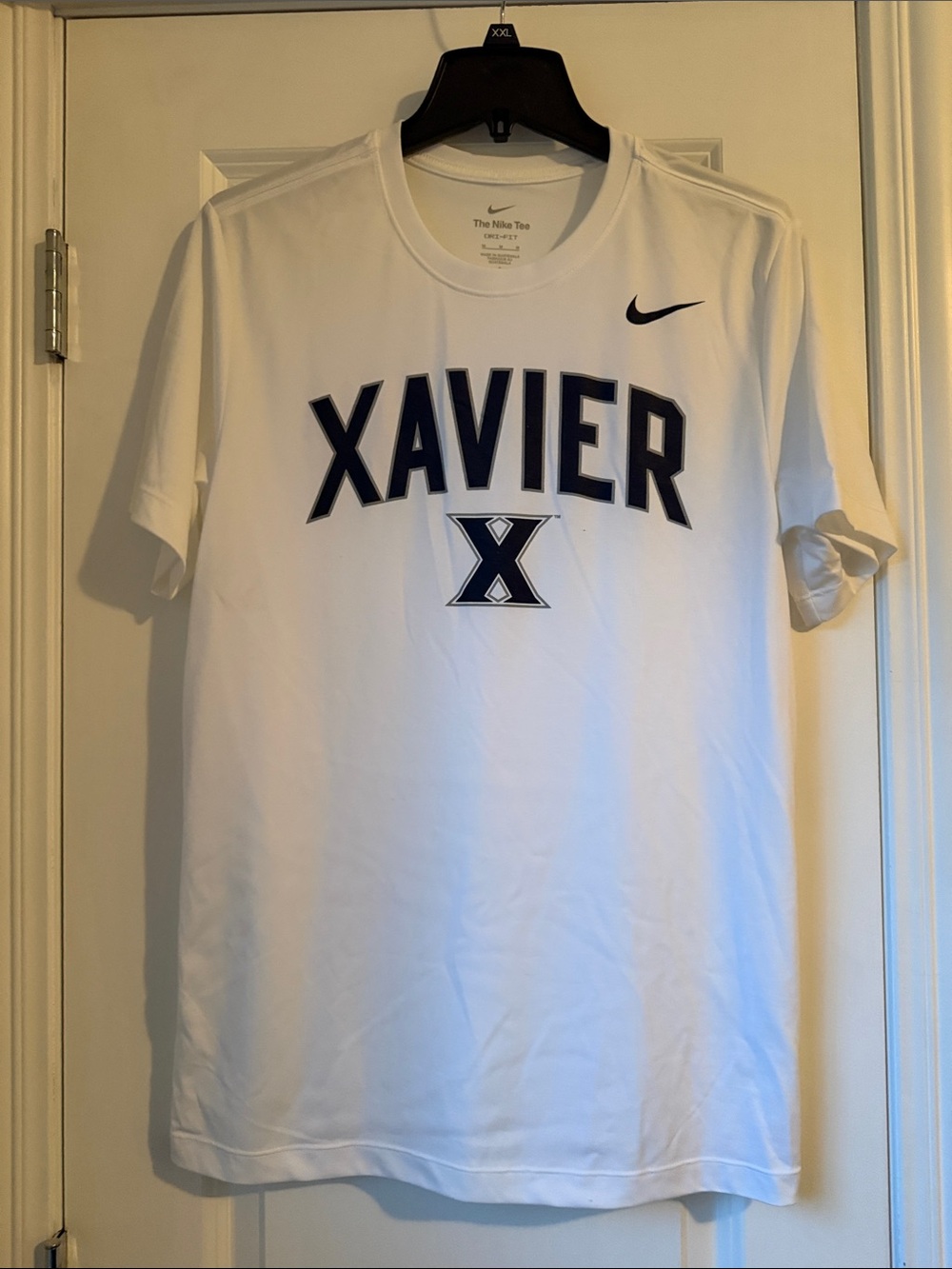 Nike Dri Fit White Xavier Men's Athletic Tee with Navy Xavier Logo